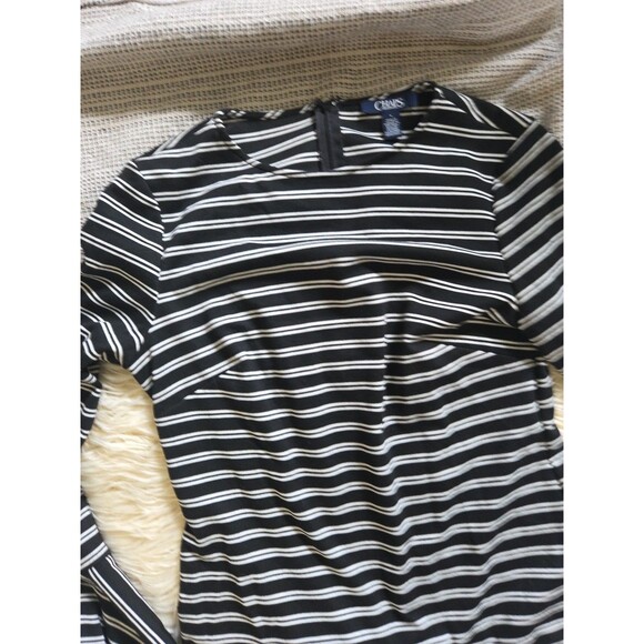 Chaps Women's 4 Black & White Small Striped Dress 4 Long Bell Sleeves Fitted - Picture 4 of 7